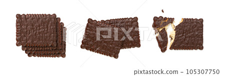 Biscuit Coated in Dark Chocolate Isolated, Square Cookies, Rectangular Shortbread, Crunchy Digestive Cookie 105307750