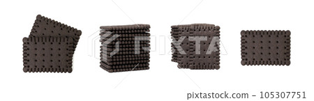 Chocolate Biscuit Isolated, Black Quadratic Cookie, Dark Soft Biscuits, Square Butter Cookies, Cocoa Crackers 105307751