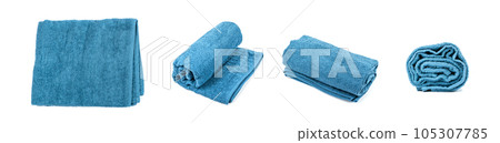Rolled Blue Towel Isolated. New Terry Cotton Towel, Soft Washcloth 105307785