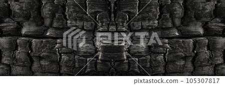 Burnt Wood Texture Background, Wooden Charcoal Pattern, Black Charred Tree Mockup 105307817