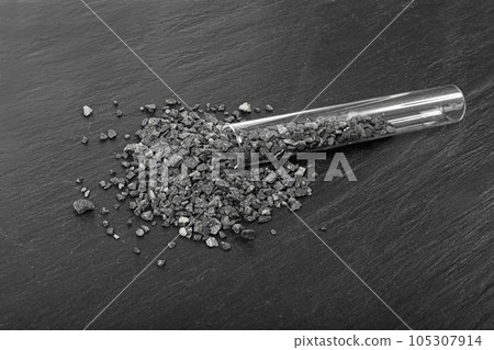 Soil Analysis in Vitro, Gravel Research, Samples of Lunar Soil on Black, Grey Coarse Sand, Granular Stones 105307914