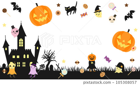 Halloween card studded with ghosts and sweets, aspect ratio 16:9 version 105308057