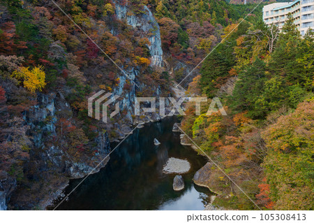 Tochigi Nikko City Kinugawa Onsen in autumn colors View from the Kinu Tateiwa Otsuribashi Suspension Bridge 105308413