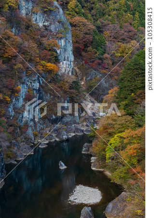 從鬼怒立岩大吊橋吊橋眺望的栃木日光市鬼怒川溫泉的秋色 從鬼怒立岩大吊橋吊橋眺望的栃木日光市鬼怒川溫泉的秋色 105308415