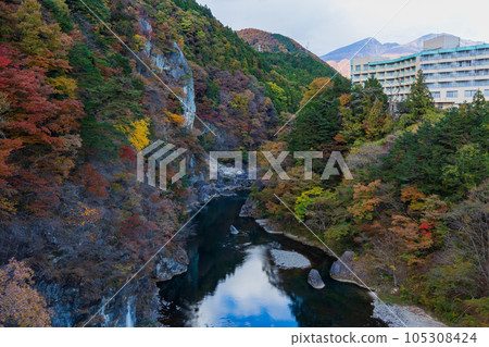 從鬼怒立岩大吊橋吊橋眺望的栃木日光市鬼怒川溫泉的秋色 105308424