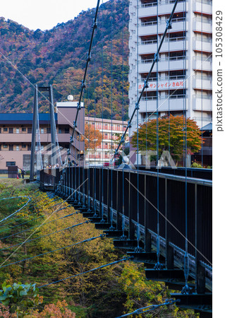 Tochigi Nikko City Kinugawa Onsen with autumn leaves Kinu Tateiwa Otsuribashi Bridge Tochigi Nikko City Kinugawa Onsen with autumn leaves Kinu Tateiwa Otsuribashi Bridge 105308429