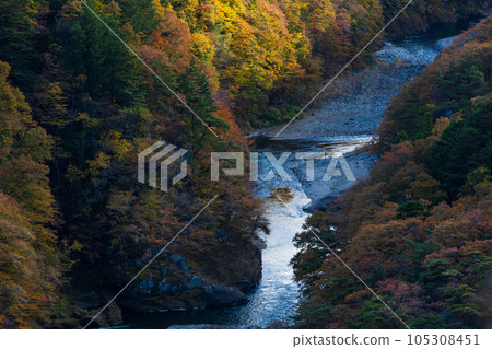Tochigi Nikko City, Kinugawa Onsen in autumn colors, view from Tateiwa Observation Deck Tochigi Nikko City, Kinugawa Onsen in autumn colors, view from Tateiwa Observation Deck 105308451