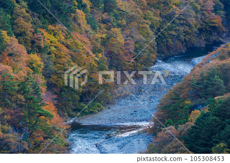 Tochigi Nikko City, Kinugawa Onsen in autumn colors, view from Tateiwa Observation Deck 105308453