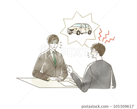 A man complaining about a car to a man in a suit A man complaining about a car to a man in a suit 105309617