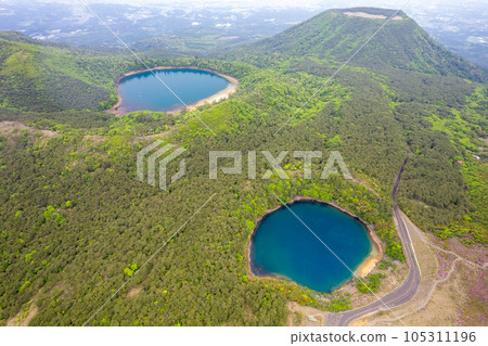 Drone|Aerial view around the caldera lake in Ebino Kogen with its magnificent terrain and beautiful greenery created by nature|Ebino City, Miyazaki Prefecture Drone|Aerial view around the caldera lake in Ebino Kogen with its magnificent terrain and beautiful greenery created by nature|Ebino City, Miyazaki Prefecture 105311196