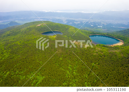 Drone|Aerial view around the caldera lake in Ebino Kogen with its magnificent terrain and beautiful greenery created by nature|Ebino City, Miyazaki Prefecture Drone|Aerial view around the caldera lake in Ebino Kogen with its magnificent terrain and beautiful greenery created by nature|Ebino City, Miyazaki Prefecture 105311198