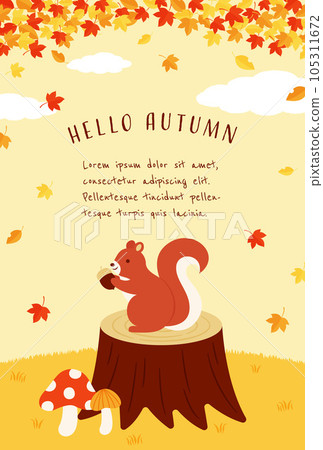Background illustration of a squirrel riding a stump and autumn leaves Background illustration of a squirrel riding a stump and autumn leaves 105311672