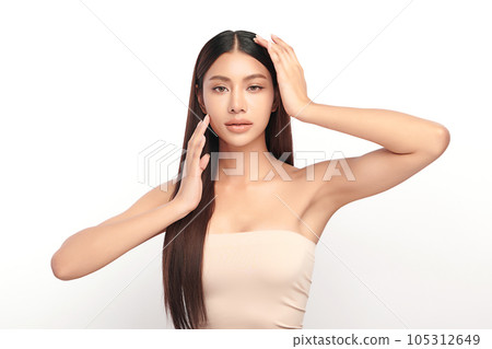 Beautiful young asian woman with clean fresh skin on white background, Face care, Facial treatment, Cosmetology, beauty and spa, Asian women portrait. 105312649