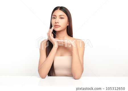 Beautiful young asian woman with clean fresh skin on white background, Face care, Facial treatment, Cosmetology, beauty and spa, Asian women portrait. 105312650