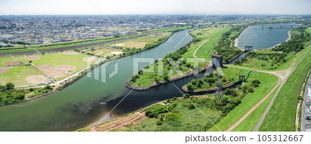 Looking upstream from the sky above Arakawa, Saitama Prefecture, Toda City 105312667