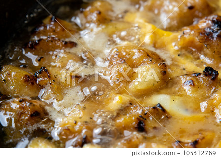 Yakitori (Bonjiri) cooking scene with eggs. Leftover yakitori remake image. Yakitori (Bonjiri) cooking scene with eggs. Leftover yakitori remake image. 105312769