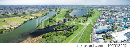 Looking upstream from the sky above Arakawa, Saitama Prefecture, Toda City Looking upstream from the sky above Arakawa, Saitama Prefecture, Toda City 105312952