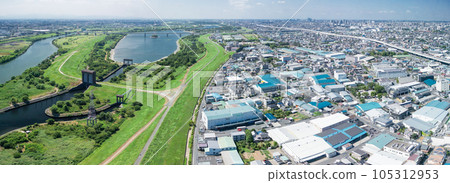 Looking upstream from the sky above Arakawa, Saitama Prefecture, Toda City Looking upstream from the sky above Arakawa, Saitama Prefecture, Toda City 105312953