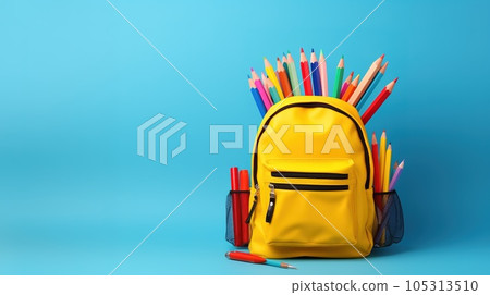 Backpack with bright school stationery on isolate background, banner design. Back to school concept Backpack with bright school stationery on isolate background, banner design. Back to school concept 105313510