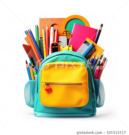Backpack with bright school stationery on isolate background, banner design. Back to school concept Backpack with bright school stationery on isolate background, banner design. Back to school concept 105313517