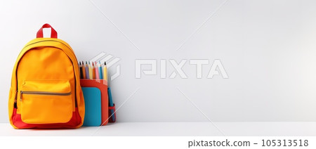 Backpack with bright school stationery on isolate background, banner design. Back to school concept Backpack with bright school stationery on isolate background, banner design. Back to school concept 105313518