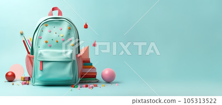 Backpack with bright school stationery on isolate background, banner design. Back to school concept Backpack with bright school stationery on isolate background, banner design. Back to school concept 105313522