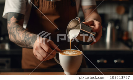 The barista male hands pouring milk and preparing fresh cappuccino 105313737