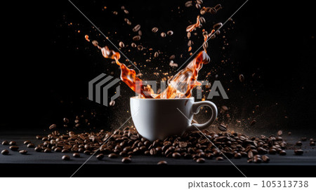 Coffee to go fragrant drink splashes with falling down coffee beans and steam on black background Coffee to go fragrant drink splashes with falling down coffee beans and steam on black background 105313738