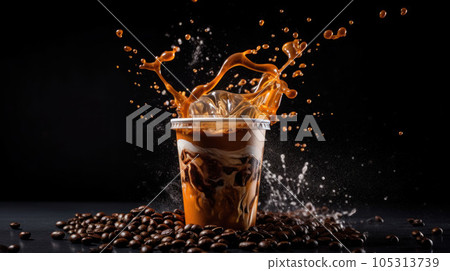 Coffee to go fragrant drink splashes with falling down coffee beans and steam on black background Coffee to go fragrant drink splashes with falling down coffee beans and steam on black background 105313739