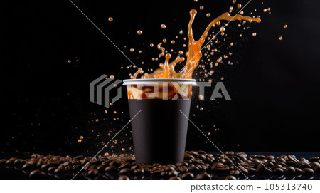 Coffee to go fragrant drink splashes with falling down coffee beans and steam on black background 105313740