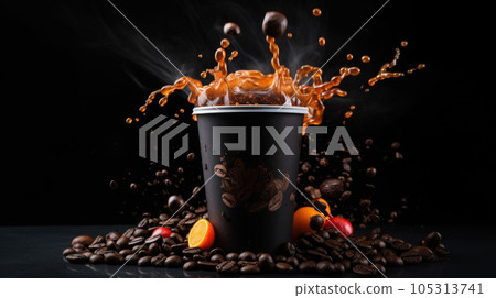 Coffee to go fragrant drink splashes with falling down coffee beans and steam on black background Coffee to go fragrant drink splashes with falling down coffee beans and steam on black background 105313741