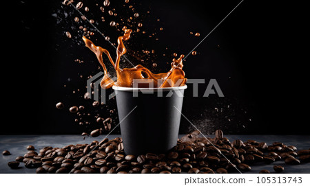 Coffee to go fragrant drink splashes with falling down coffee beans and steam on black background Coffee to go fragrant drink splashes with falling down coffee beans and steam on black background 105313743