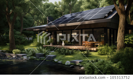 A modern minimalist house in a shady garden forest is comfortable and equipped with solar cells A modern minimalist house in a shady garden forest is comfortable and equipped with solar cells 105313752