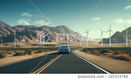Electric car drive on the wind turbines background 105313768
