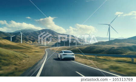 Electric car drive on the wind turbines background Electric car drive on the wind turbines background 105313769