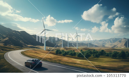 Electric car drive on the wind turbines background Electric car drive on the wind turbines background 105313770