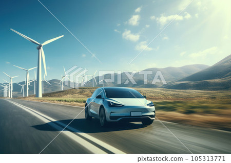 Electric car drive on the wind turbines background Electric car drive on the wind turbines background 105313771