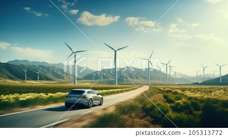 Electric car driving along windmills farm. Car and wind turbines farm Electric car driving along windmills farm. Car and wind turbines farm 105313772