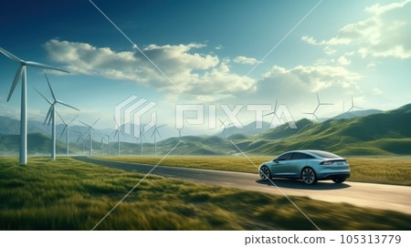 Car and wind turbines farm renewable energy 105313779