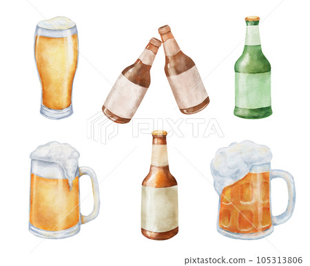 Mug of beer with foam and bottles. Glass mug with drink. Watercolor illustrations set isolated on white background. 105313806