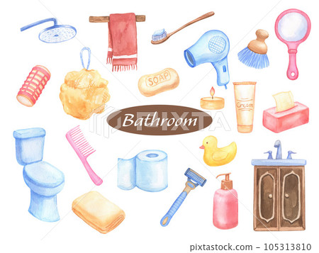 Set of bathroom objects, watercolor illustrations isolated on white. Soap, towel, shower and toothpaste. Set of bathroom objects, watercolor illustrations isolated on white. Soap, towel, shower and toothpaste. 105313810