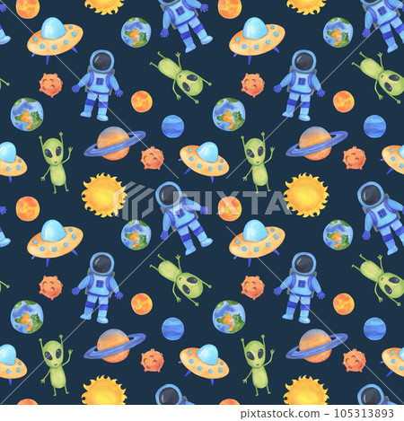 Seamless watercolor children's pattern with space rocket, astronaut and ufo on dark background. 105313893