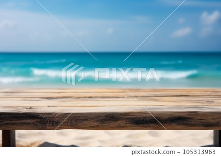 Top of wood table on blurred sea with coconut tree background Top of wood table on blurred sea with coconut tree background 105313963