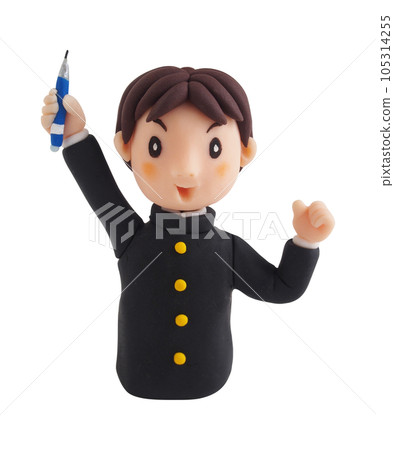 Upper body of a boy in uniform holding a pencil and doing a guts pose (3D clay illustration) 105314255