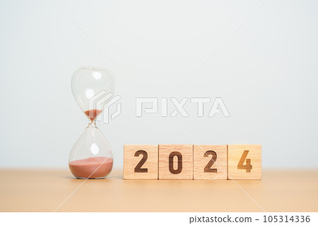 2024 text with hourglass on table. Resolution, time, plan, goal, motivation, reboot, countdown and New Year holiday concepts 2024 text with hourglass on table. Resolution, time, plan, goal, motivation, reboot, countdown and New Year holiday concepts 105314336