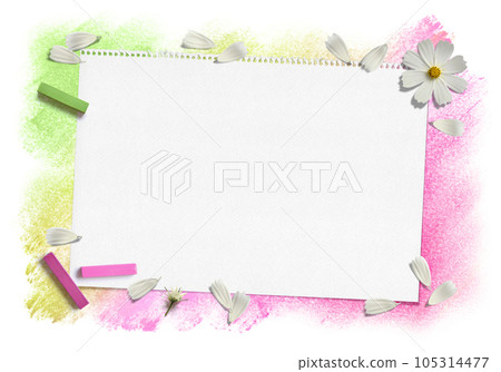 White cosmos petals, pink & green pastel & sketchbook 105314477