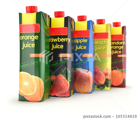 Multicolored set of juice carton box on white background - 3D illustration Multicolored set of juice carton box on white background - 3D illustration 105314819
