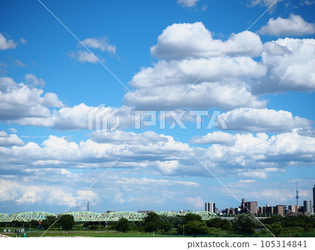 埼玉縣川口市荒川堤的風景（城市上空漂浮的白雲） 105314841