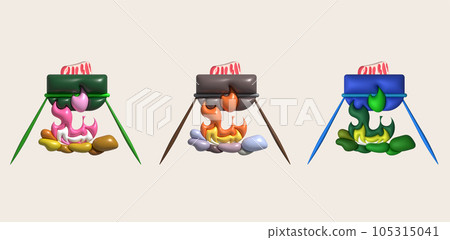3D illustration. Camping stove cooking pot. On a wood-fired fire. 105315041