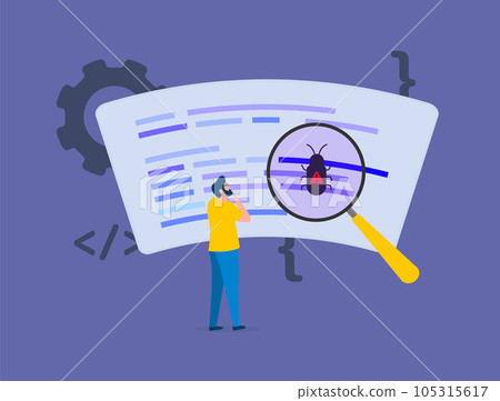 Software bug concept. Optimize and debug code mobile app, QA software dev, test and fix code application concept. Bug detection software vector illustration Software bug concept. Optimize and debug code mobile app, QA software dev, test and fix code application concept. Bug detection software vector illustration 105315617